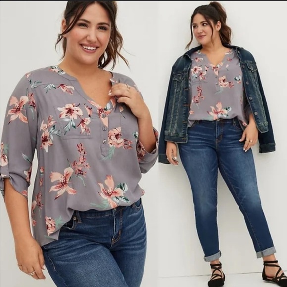 Torrid Harper Grey Floral Challis Pullover Blouse - Picture 1 of 7
